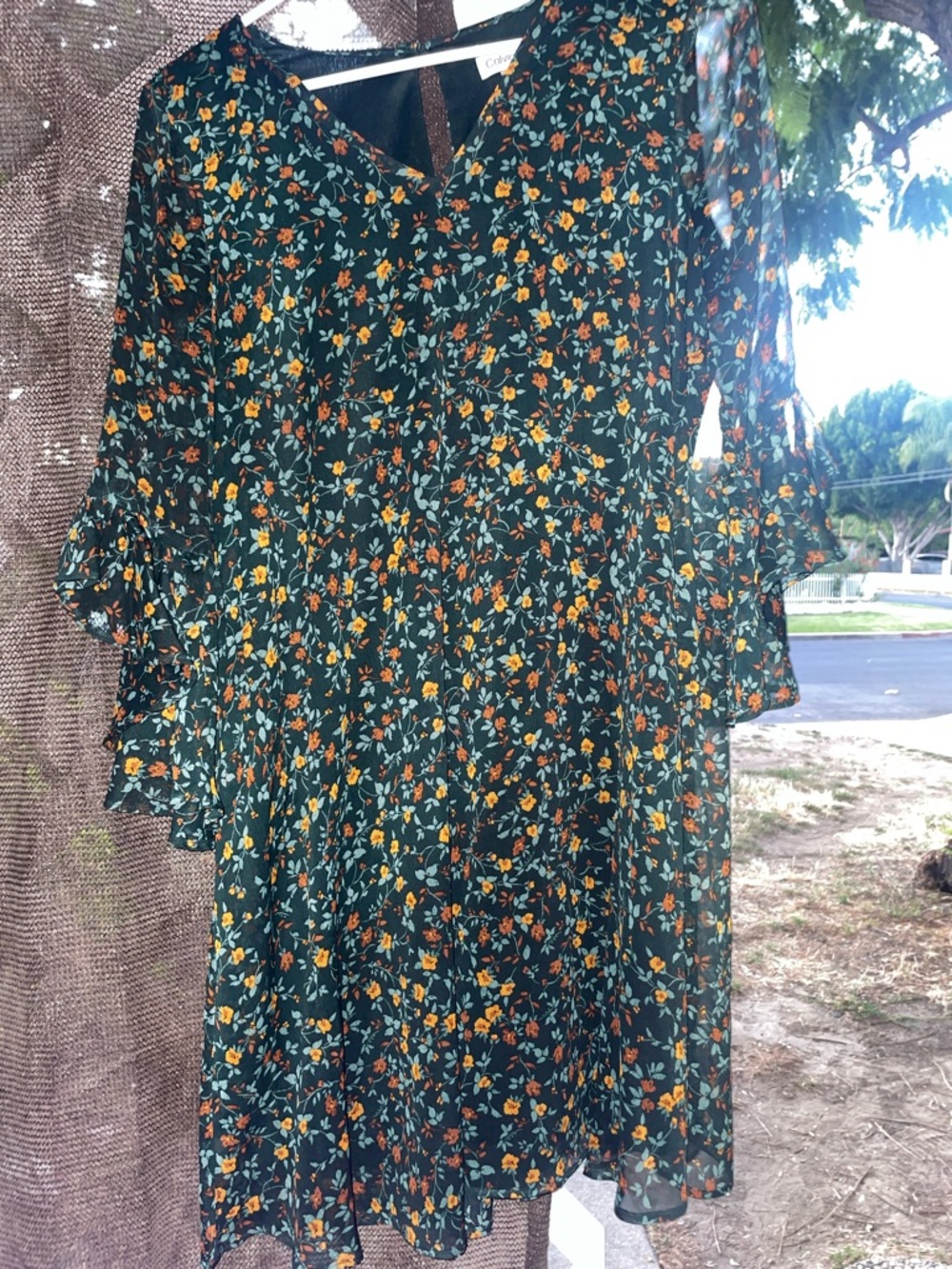 Calvin Klein Dark Green Floral V-Neck Long Sleeve Dress